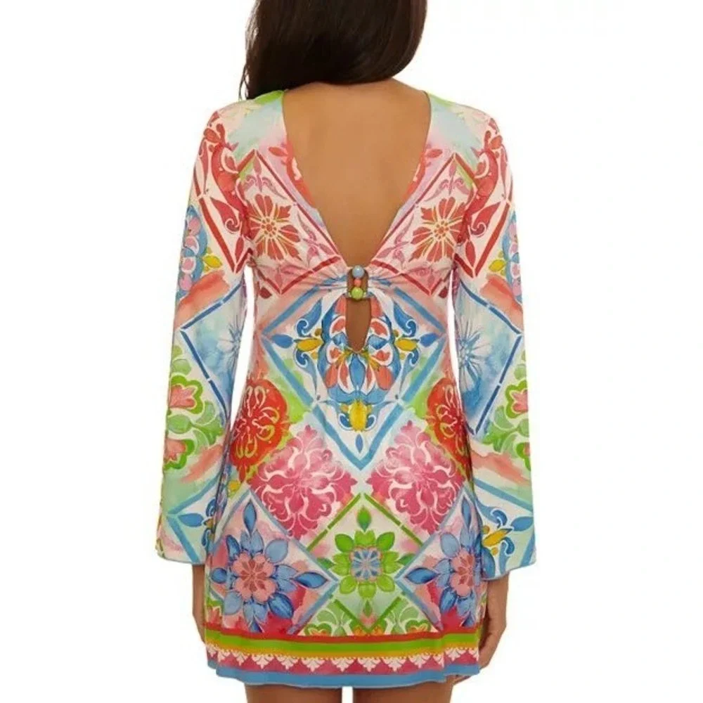 Becca Mijas Keyhole Ring Plunge Neck Tunic Swim‎ Cover-Up Women's Size Small
